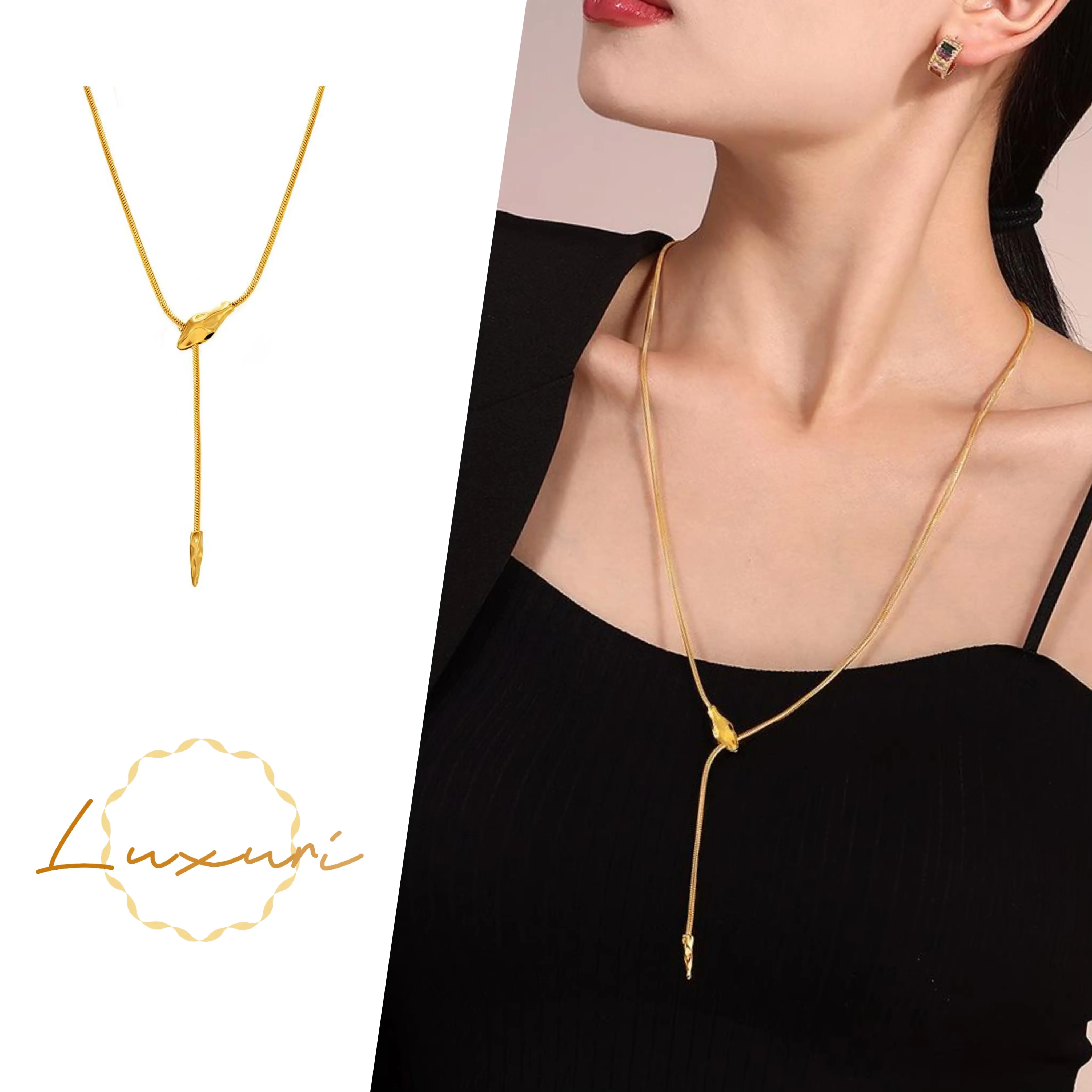 Contour Serpent Pendant Necklace ◾ Sleek Extended Chain Jewelry ◾ Medical-Grade Titanium Steel ◾ Hypoallergenic & Saltwater-Resistant ◾ Singapore-Approved Office Chic