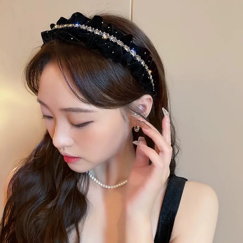 Băng Đô Satin Màu Đen Xếp Nhún Thanh Lịch, Vòng Cài Tóc Rộng Công Chúa, 1 Cái 1