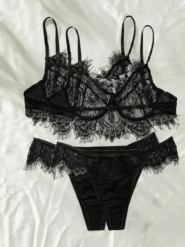 【Plus Size】 Contrast Lace Bra & High Cut Panty, Soft Comfortable Breathable Lingerie Set for Daily Wear, Women's Underwear Set for All Seasons 5
