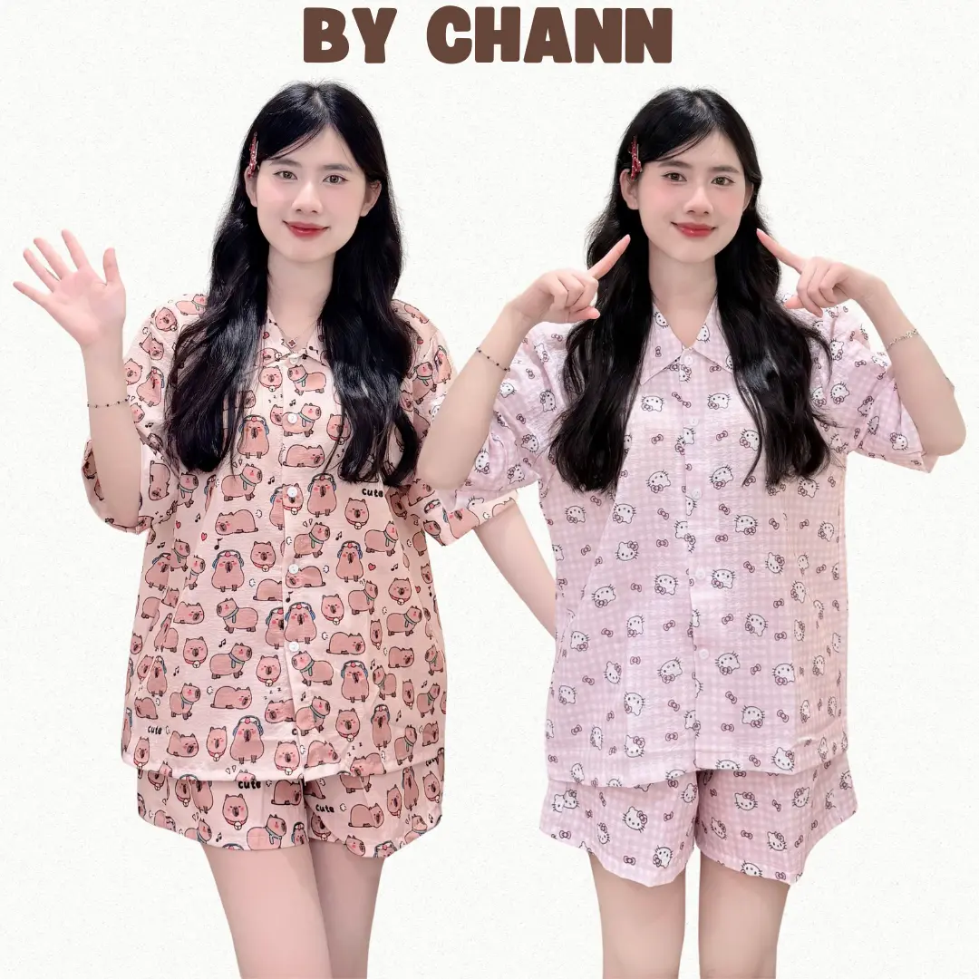 Bộ Đồ Ngủ Cute BY CHANN nhiều hình dễ thương mặc nhà mùa hè, chất liệu đũi xốp (có size đến 80kg)