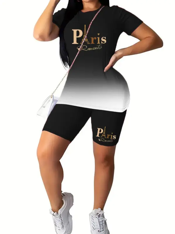Two-piece Set Women's Ombre Print Short Sleeve Tee & Skinny Shorts, Casual Round Neck T-shirt & Shorts for Daily Wear, Ladies Two-piece for All Seasons, Clothes 8