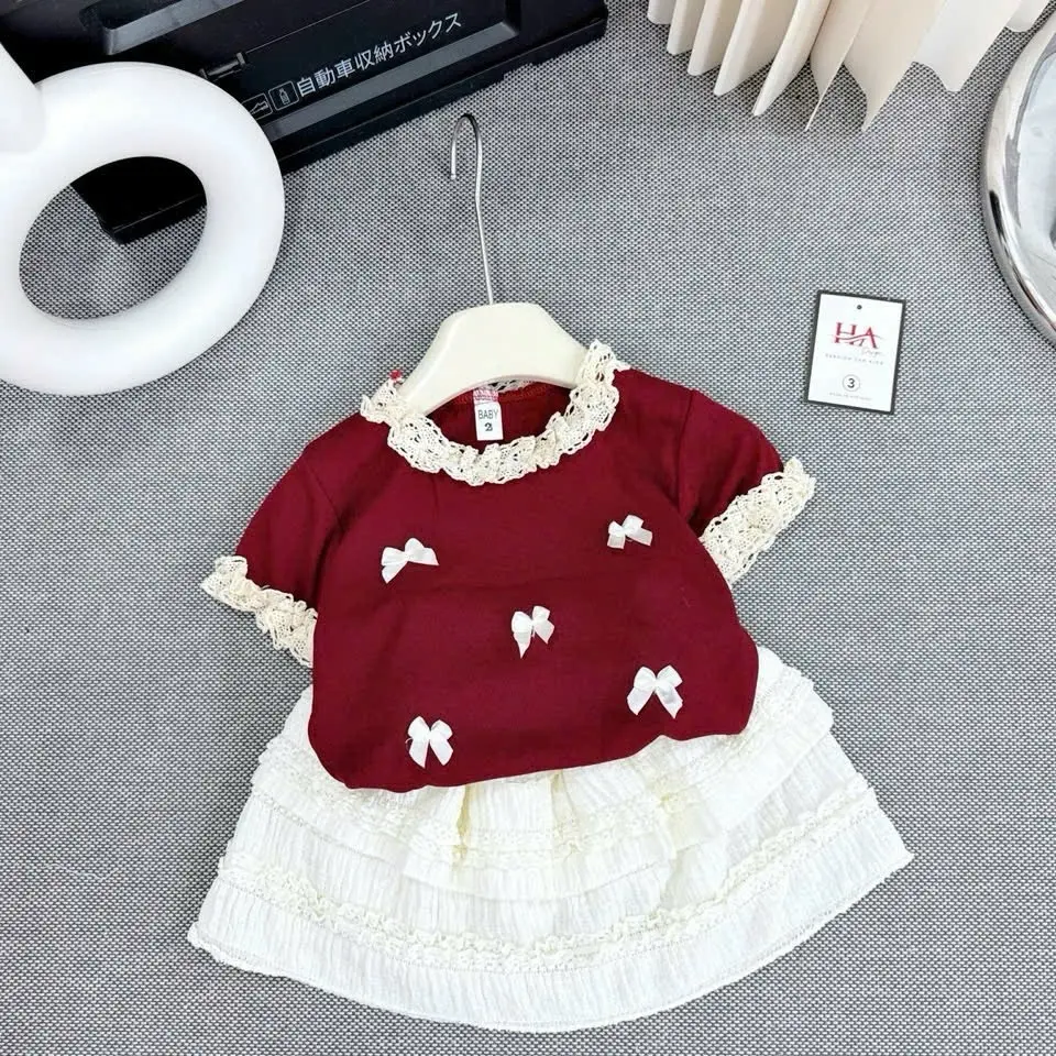 (8-30Kg) Set áo len tăm đính nơ phối chân váy ren mềm cho bé gái mặc Tết, đi học, đi chơi