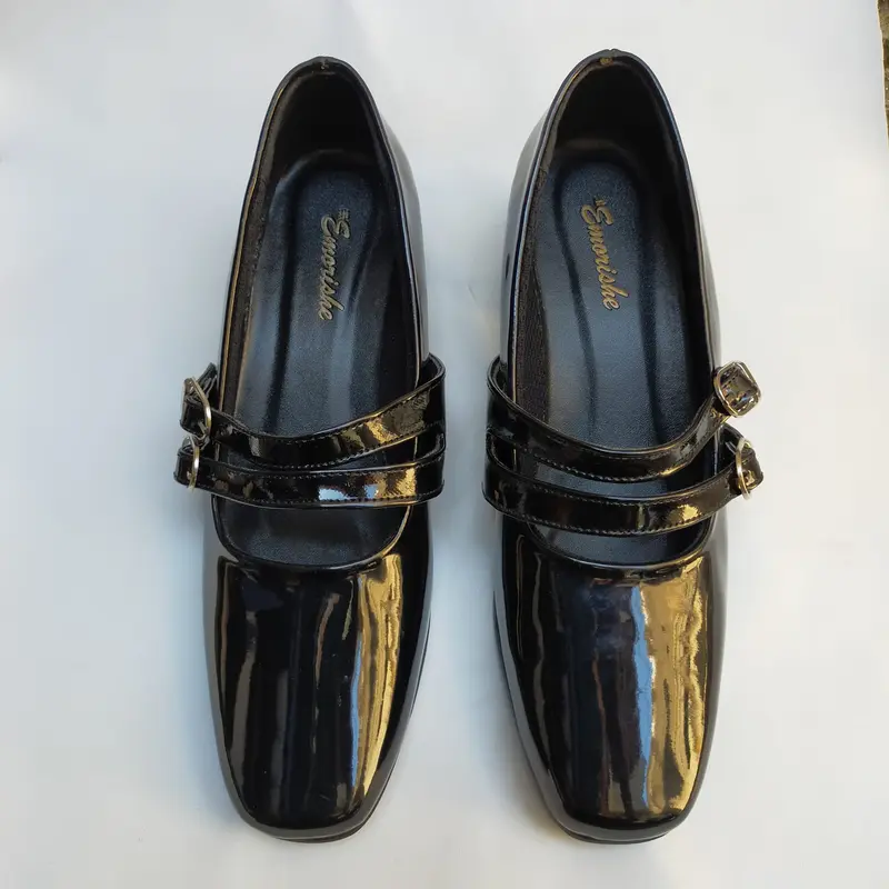 Mary Jane Shoes BIG SIZE 41-42-43-44-45 Sepatu Formal Paskibra Hak Tahu 3cm Tali Gesper2 Ukuran JUMBO BESAR Original EMRSH Heels Wanita sepatu pantofel hitam mengkilap tali sabuk 5