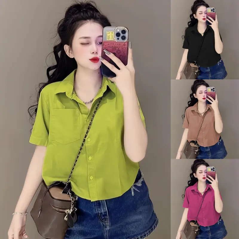 Áo sơ mi nữ tay ngắn form rộng, Áo croptop nữ kiểu