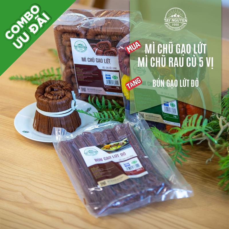 Combo 1 bịch Mì Chũ gạo lứt 1kg và 1 bịch Mì Chũ rau củ 5 vị 1kg kèm 1 bịch Bún lứt đỏ 500g Tây Nguyên Food – Việt Nam