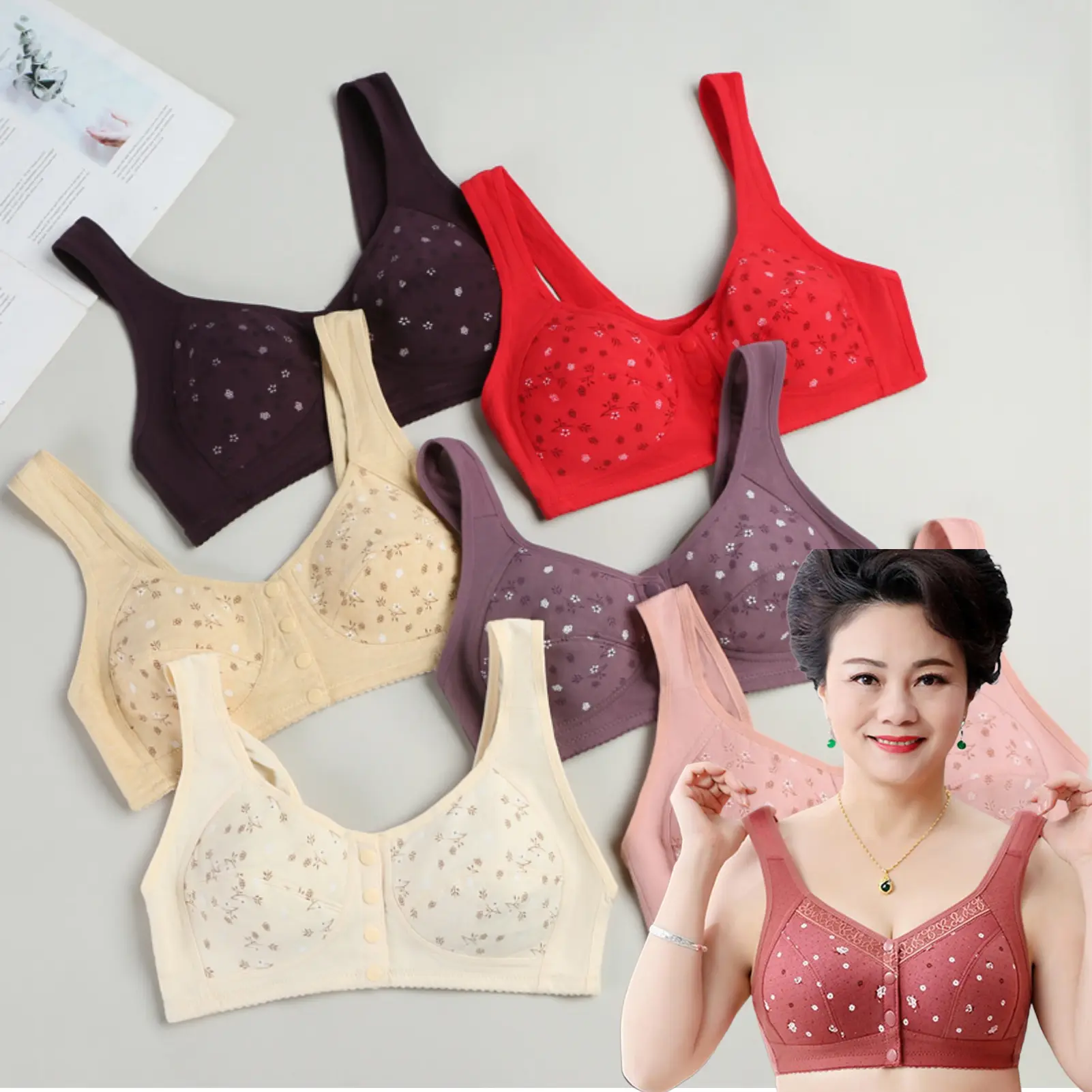 Nursing Bra Mom Front Button Without Steel Plus Size Flower Print Vest Brassiere Seamless Lingerie Cotton Breathable Underwear