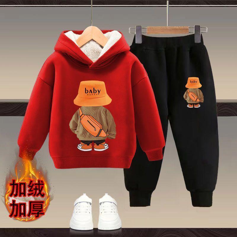 Bộ Đồ Áo Nỉ Có Mũ Trùm Đầu, Cho Trẻ Em, Lót Lông Cừu, Dày Dặn, Thích Hợp Cho Mùa Thu Và Mùa Đông, Cho Bé Trai Và Bé Gái, Phong Cách Phương Tây Mới, Bộ Đồ Ấm Áp Hai Mảnh, Trẻ Em 1