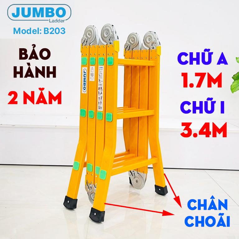 Thang nhôm gấp 4 đoạn JUMBO B203, chữ A cao 1.7m, chữ I cao 3.47m, tải trọng 300kg, sơn tĩnh điện