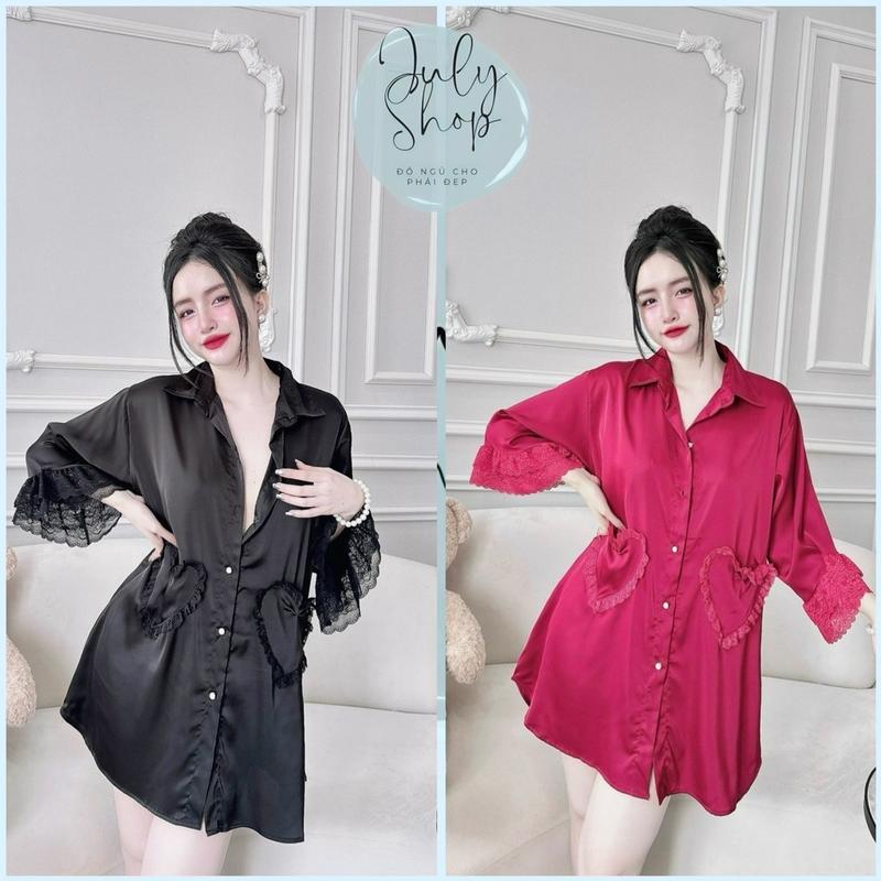 Đầm Ngủ Nữ, Váy Ngủ Sơmi Sexy JULY Tay Ren Tầng Túi Trái Tim Kèm Quần Đùi Chất Lụa Latin <65KG