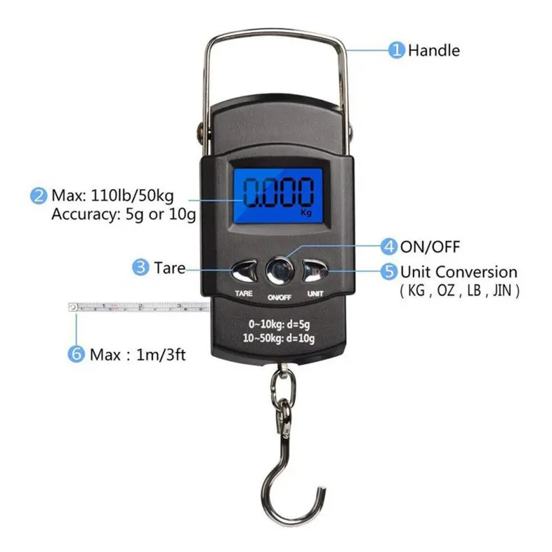 Cân Điện Tử Cầm Tay 50kg, Cân Câu Cá, Cân Giao Hàng Tiết Kiệm, Có Móc 2