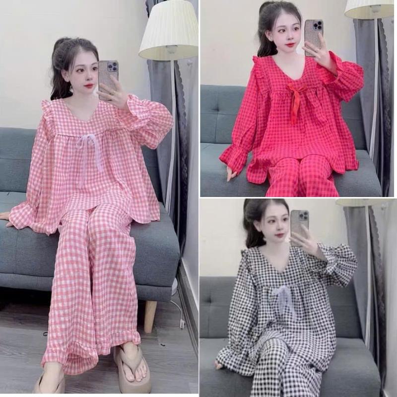 Set đồ bộ nữ babydoll kẻ caro dài tay bánh bèo, bộ đồ măc nhà kẻ caro tay dài quần dài tiểu thư bánh bèo kiểu dáng dễ