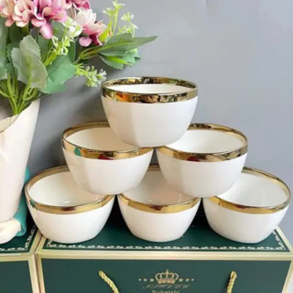 Bát ăn cơm 6 món kèm đũa mạ vàng và hộp đựng,  Bộ chén dĩa, Chén sứ, Bộ 6 bát ăn cơm viền vàng cao cấp 5