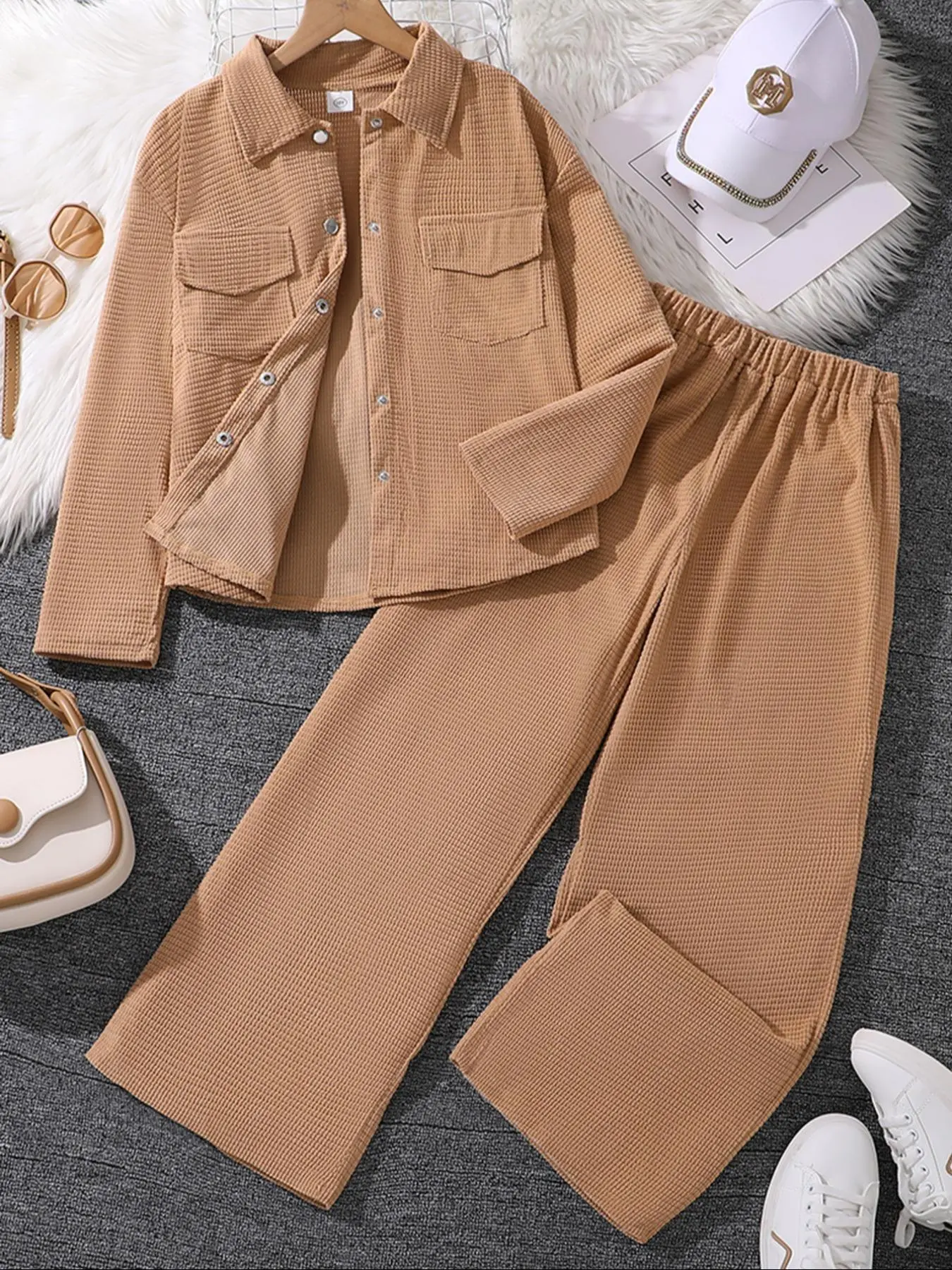 Two-Piece Set Girl's Solid Button Front Pocket Shirt & Wide Leg Pants Set, Casual Long Sleeve Collared Top & Pocket Trousers for Fall & Winter, Kids Clothes for Daily Wear