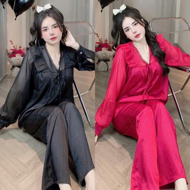 Đồ bộ tay dài tiểu thư thiết kế mới dể thương , đồ bộ nữ mặc nhà thoải mái , pijama nữ lụa mịn mát , size dưới 60kg , đồ bộ pizama tay dài lụa