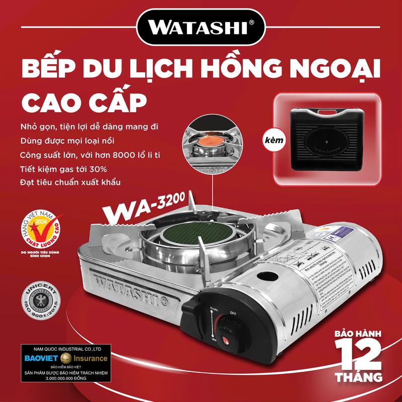 BẾP GAS DU LỊCH MINI HỒNG NGOẠI WATASHI: WA - 3200 INOX VỚI HƠN 8000 ĐẦU ĐỐT NHỎ LI TI