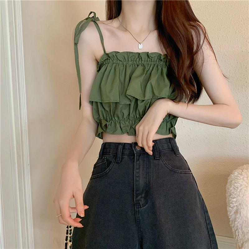 Product Introduction of Women's 2023 New Summer Tank Top with Ruffle Edge Strap Top High Waist Sleeveless Bra and Open Umbilical Top Womenswear Tube Lingerie Comfort Basic Minimalist Spaghetti Strap 5