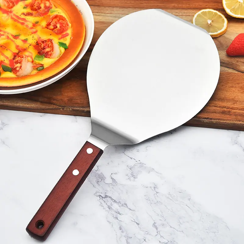 Anti-scalding Pizza Shovels Wooden Handle Round Stainless Steel Cake Shovel Kitchen Baking Accessories Cake Tools Pizza Shovel