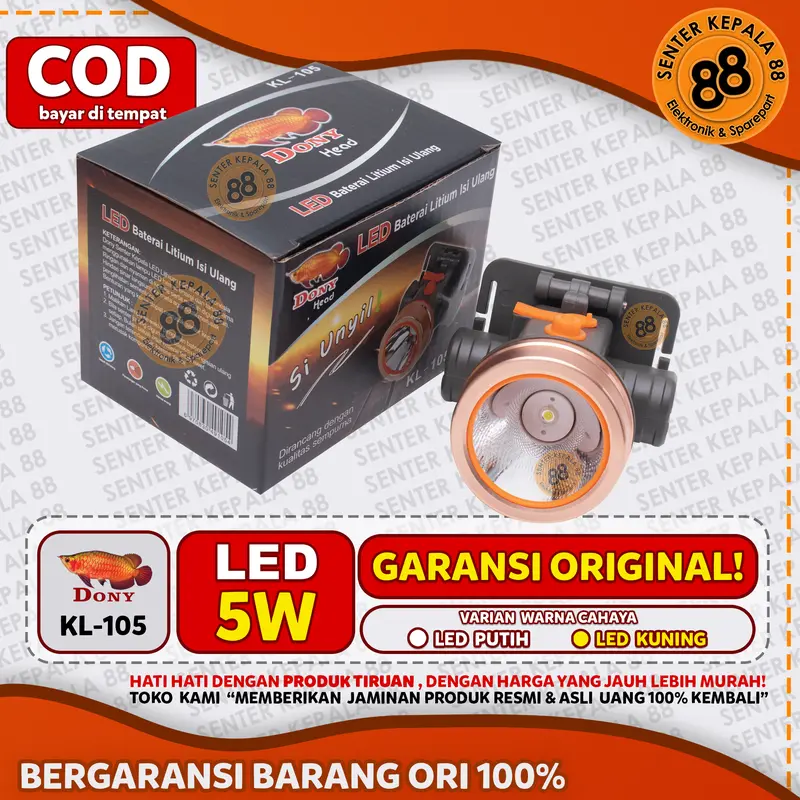 DONY Senter Kepala Dony KL 105 Si Unyil Siunyil Doni Cas Terang Jarak Jauh SUPER TERANG MURAH Sintar Dony Kepala SUPER TERANG ORIGINAL 105 kl-105 BERBURU GUNUNG MANCING ANTI AIR CAHAYA PUTIH CAHAYA KUNING LED CAS ULANG RECHARGEABLE CHARGE 3000mAH DOWNY 4