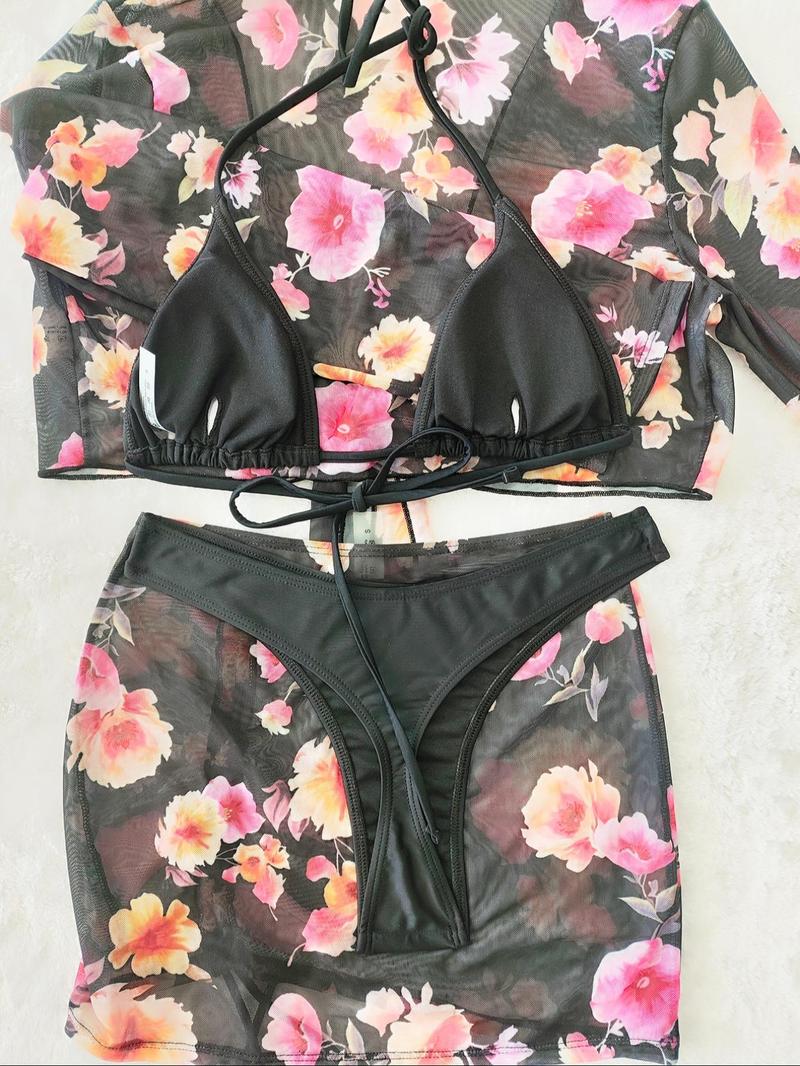 Product Introduction of Women's Halter Neck High Cut Bikini Set, Triangle Swim Bra & Swim Panty & Floral Print Drawstring Cover Up Skirt & Tie Front Cover Up Top, Ladies Summer Swimsuit 2