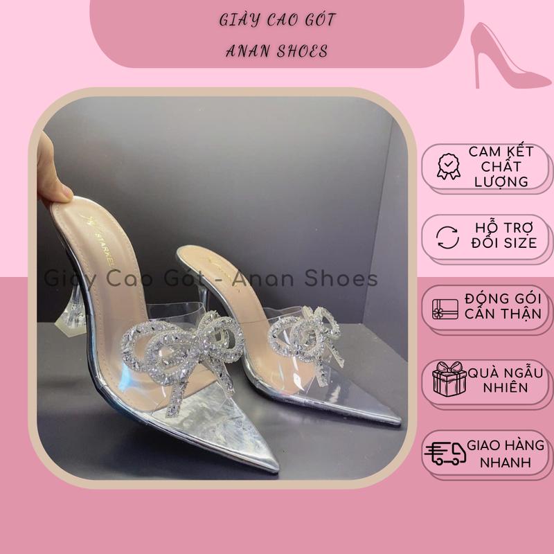 Dép Cao Gót 7p Và 9p Guốc Nơ Mũi Nhọn Quai Mika Êm Mềm Dẻo Dính Nơ Đá 2 Tầng Lấp Lánh Sang Trọng, Đi Tiệc - Anan Shoes 1