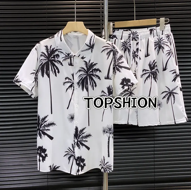 TOPSHION New Hawaiian shirt seaside casual shorts trendy men's couple personalized printed beach wear casual two-piece suit short-sleeved loose shirt large size flower shirt thin shorts trendy two-piece suit Menswear Overalls