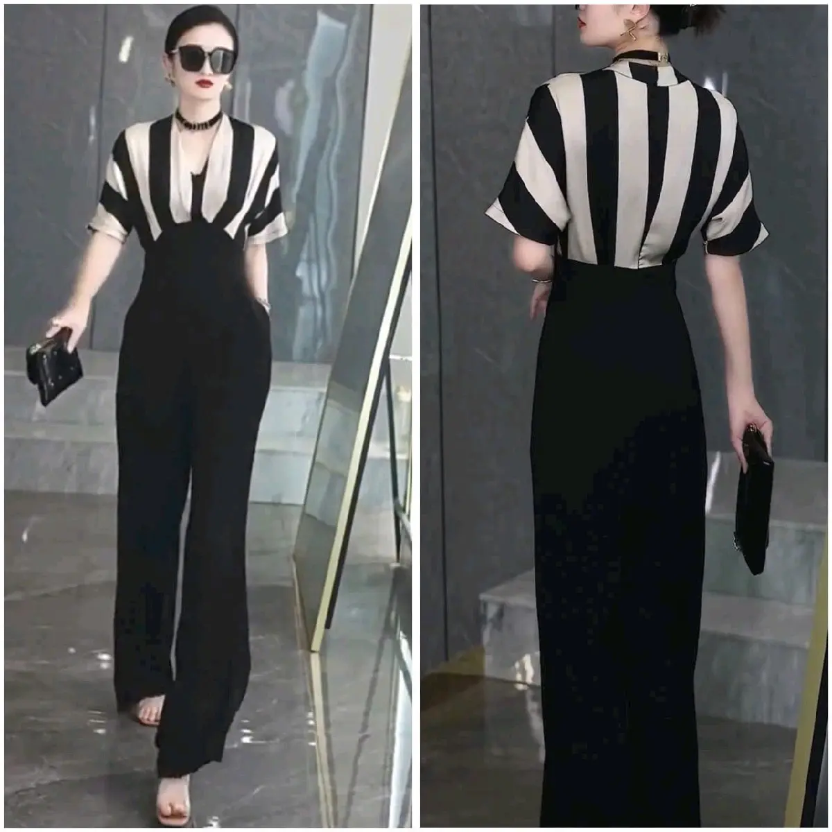 Jumpsuit dài ống rộng phối sọc sang chảnh SJ1328 Women dobo tay dai quan set đồ sasuke jum nữ đi biển