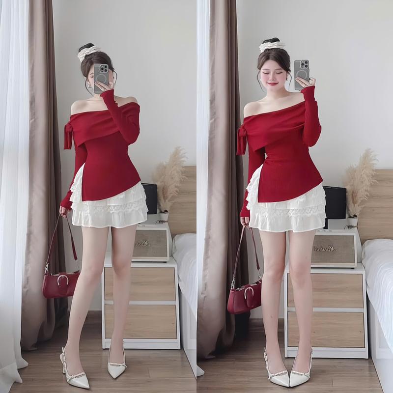 Set Áo Váy Trễ Vai Len Tăm Dài Tay Cột Nơ Vạt Chéo Kèm Chân Váy Xòe Tầng Phối Ren Tiểu Thư Xinh Xắn Cho Nàng Đi Chơi,Đi Tiệc - Nữ - Women