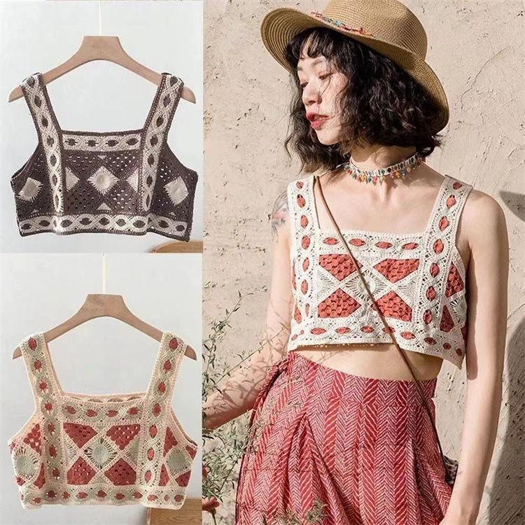 Product Introduction of Bohemian ethnic style small camisole vest embroidered hollow knit short piece for women's sleeveless interior 5