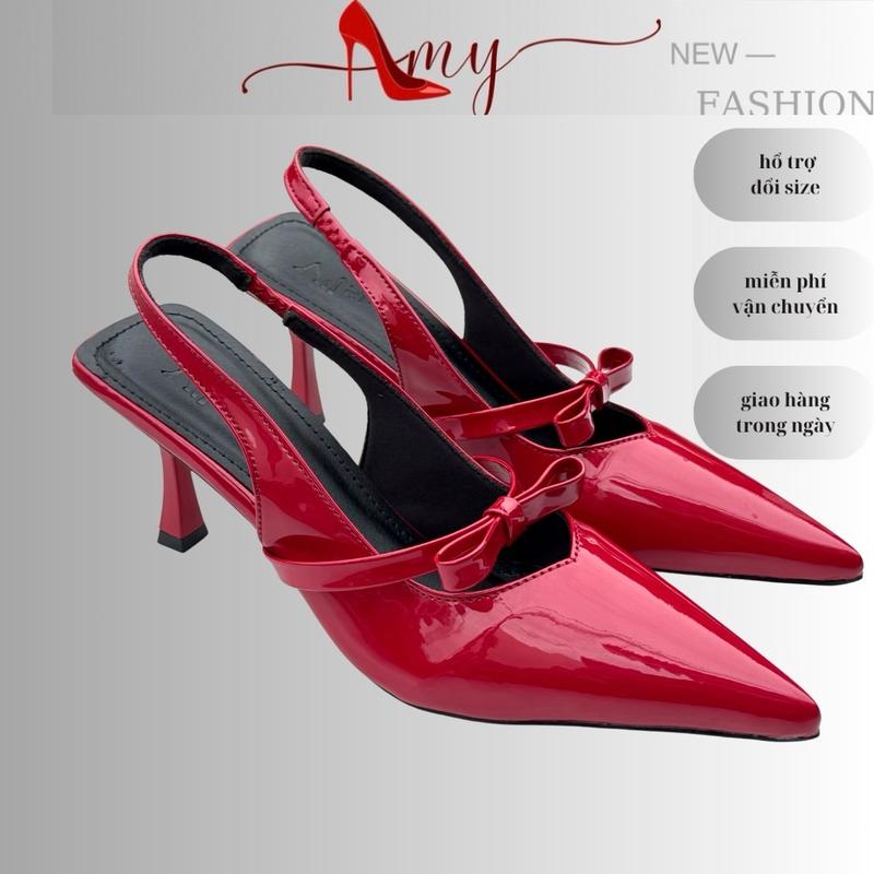 Giày sục nữ cao 7p mũi nhọn quai gắn nơ da bóng thời trang AMY (416) Shoes DéP Sandal Jean Nhung Cao Su Guốc giày cao gót đế trụ 7 phân giay caogotnu Đế Cao