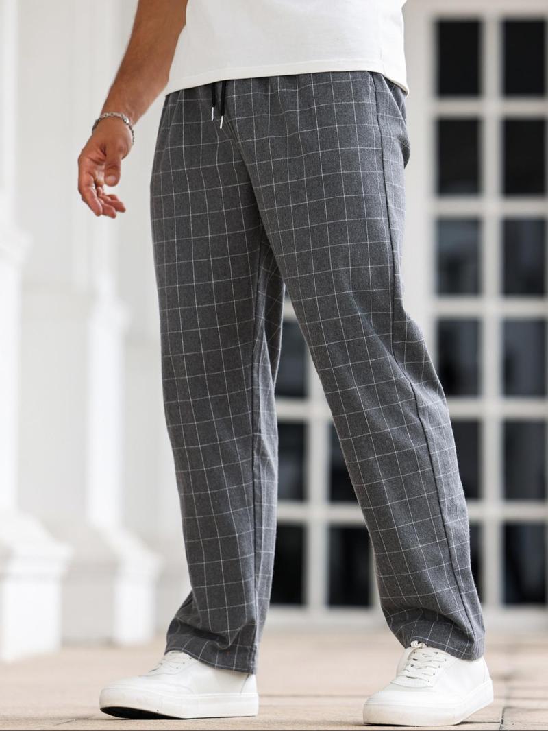 Product Introduction of Men's Plaid Print Drawstring Waist Straight Leg Pants, Regular Fit Casual Comfy Pocket Trousers for Daily Wear, Men's Bottoms for All Seasons 4