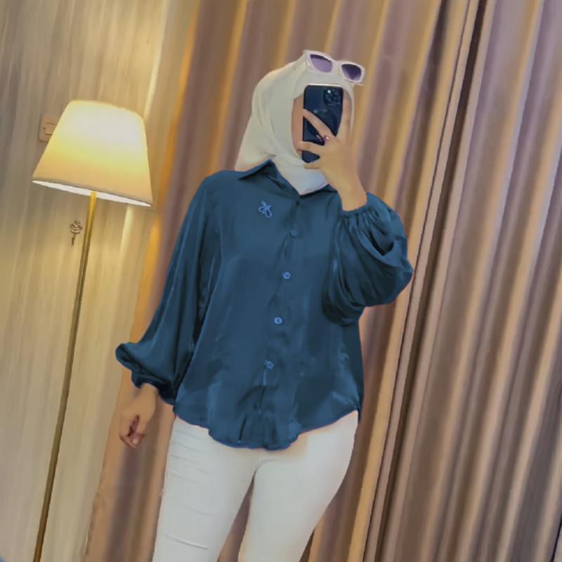 Thalia kemeja shimmer atasan polos glitter lengan balon Jumbo size M - 2XL Cantik Formal Katun Motif Panjang Silk Wanita 7
