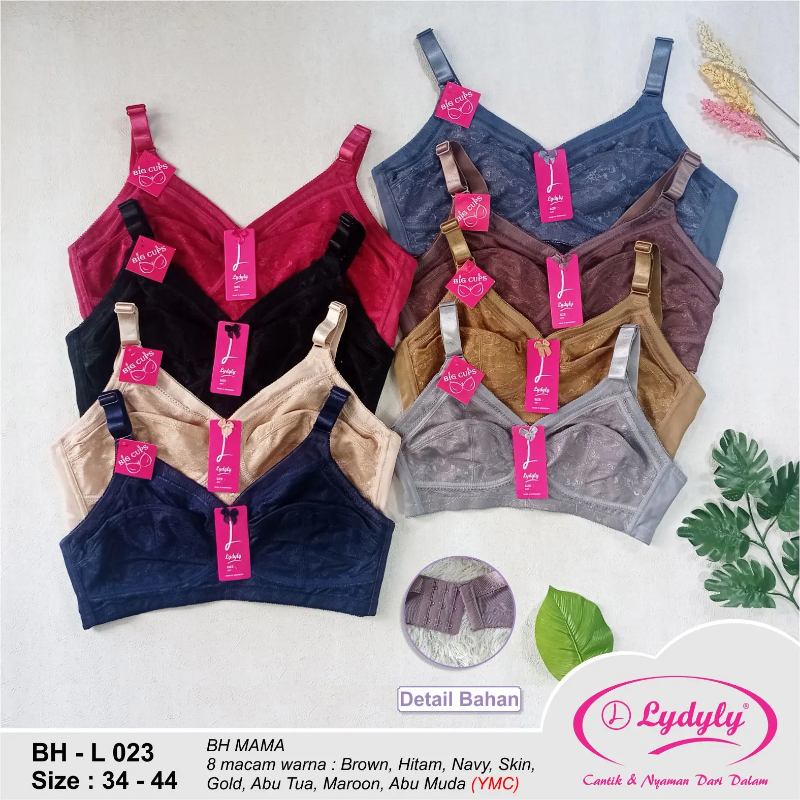 Lydyly - Bh Jumbo Cup Besar Tanpa Kawat / Bra Mama Besar / Bh Big Size L023 Bra Renda 3 Kaitan Underwear Jumbo