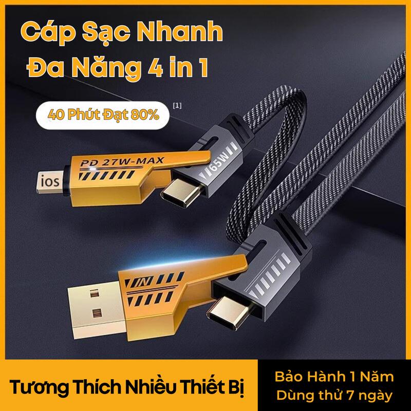 Bộ Củ Cáp Sạc Nhanh Đa Năng 4 in 1 - Sạc Siêu Nhanh C-L, C-C, USB-C, USB-L tối đa 65W, Củ 2 Đầu Type C + Usb  Cáp bện Nylon phù hợp máy 6-14Prmax, androi,laptop cáp sạc nhanh đa năng, cáp 4 trong 1 phụ kiện phone Sạc Điện Thoại