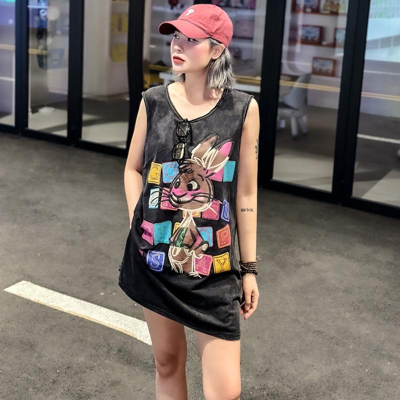 Áo ba lỗ thỏ chữ màu lưng hằng tống qc Nữ