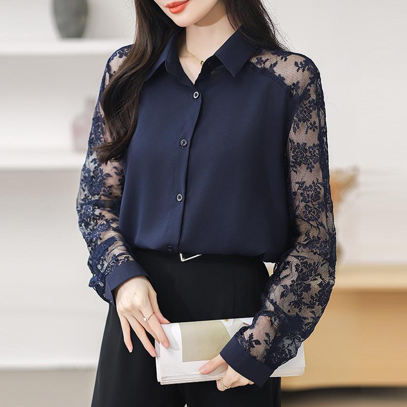 Product Introduction of Áo Cánh Voan Ren Ve Áo, Dòng Màu Xanh Dương, Dành Cho Nữ, Áo Cardigan Dài Tay, Ngoại Cỡ, Không Cần Ủi 9