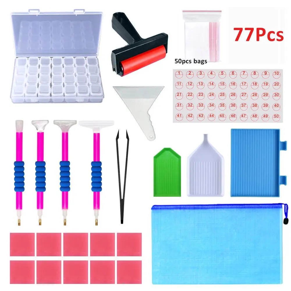5D Embroidery Tool Kit, 77pcs/set DIY Diamond Art Colorful Painting Art Tools, DIY Embroidery Crafts Cross Stitch Accessories With Storage Box