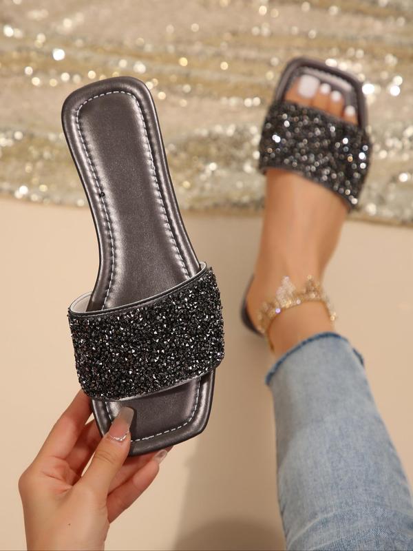 Women's Simple Plain Glitter Rhinestone Decorated Slide Sandals, Casual Comfortable Flat Sandals, Fashionable Sandals for Summer Beach Wear 4