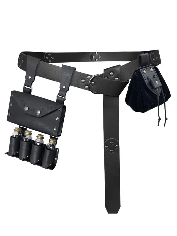 Vintage Medieval Dress Costume Rivet & Grommet Eyelet Decor Belt & Belt Bag & Pouch Set, Medieval Alchemy Belt Set for Party, Cosplay 4