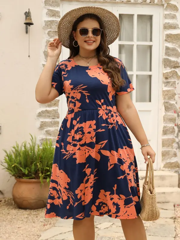 【Plus Size】Floral Print Pocket Round Neck A Line Dress, Casual Summer Clothes Women, Women's Short Sleeve Dress for Summer, Women's Clothes for Daily Wear, Womenswear, Plus Size Tummy Flattering Dresses 1
