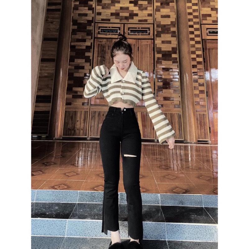 FULL SIZE XS-4XL Quần jeans loe giãn rách đùi gấu cắt kiểu hack dáng thời trang Nữ