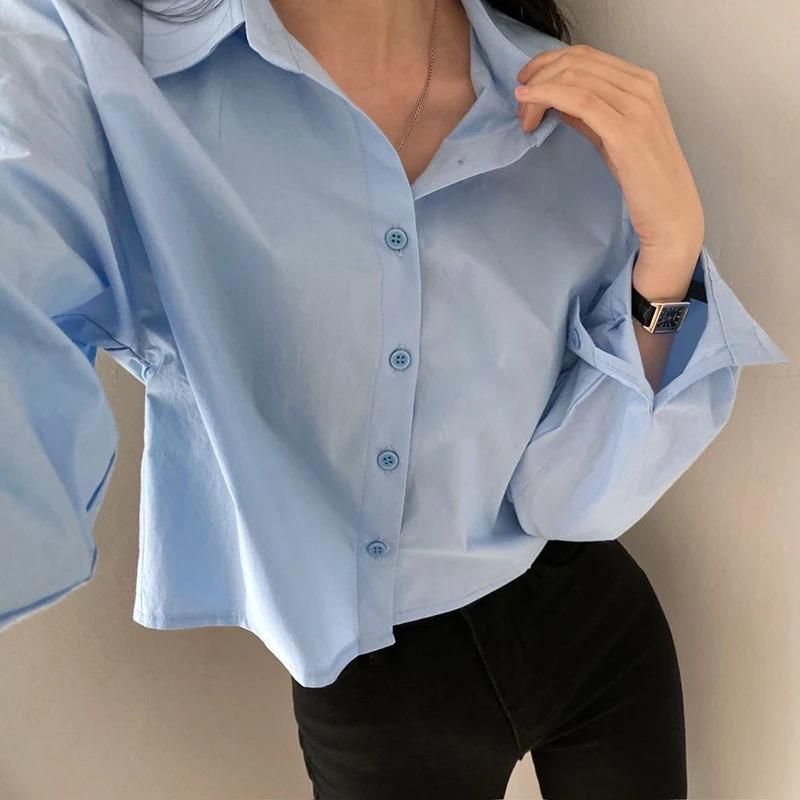 Product Introduction of Fashion Short Shirts Women Korean Chic Loose Solid Color Long Sleeve Crop Tops Female Casual Elegant Button Split Turn Down Collar Blouse 7