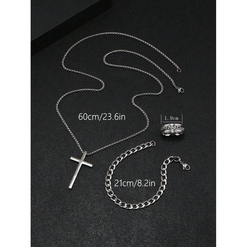 Bộ Đồng Hồ Nam, 4 Món, Dây Đeo Cổ Tay Vòng Cổ Nhẫn Miễn Phí, Thép Không Gỉ, Mặt Số Lớn, Đồng Hồ Thạch Anh Ba Kim, Thích Hợp Cho Nam 5