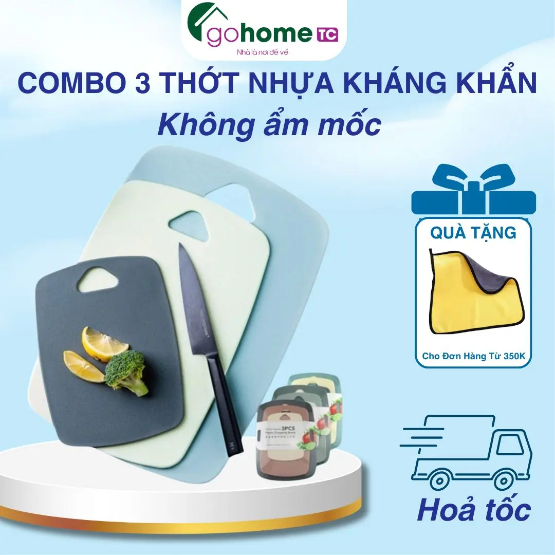 Set 3 Thớt Nhựa Kháng Khuẩn Cao Cấp Nhiều Màu Chống Trơn Trượt GO HOME HD-0046