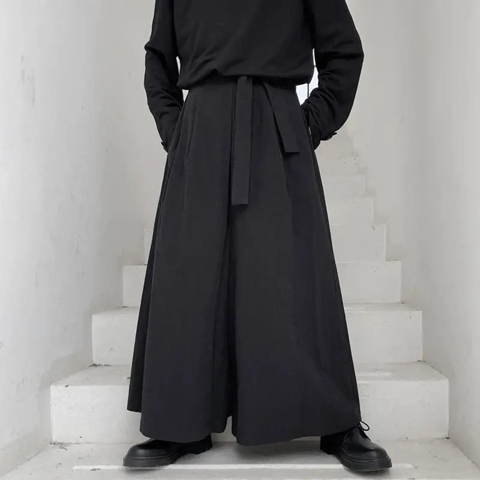 Men Pants Oversized Solid Color Elastic Waist Wide Leg Punk Warm Lace Up Japanese Style Men Trousers for Cosplay