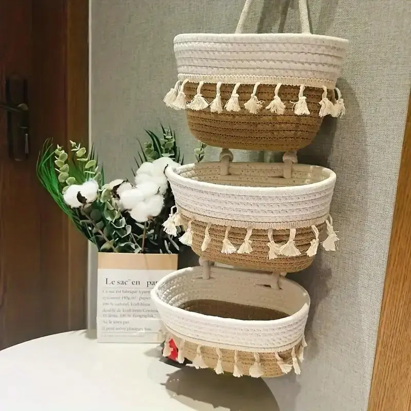 Wall Mounted Basket, 1 Count 3-layer Large Capacity Storage Basket with Tassel Decor, Home Organizer for Living Room Entrance Door