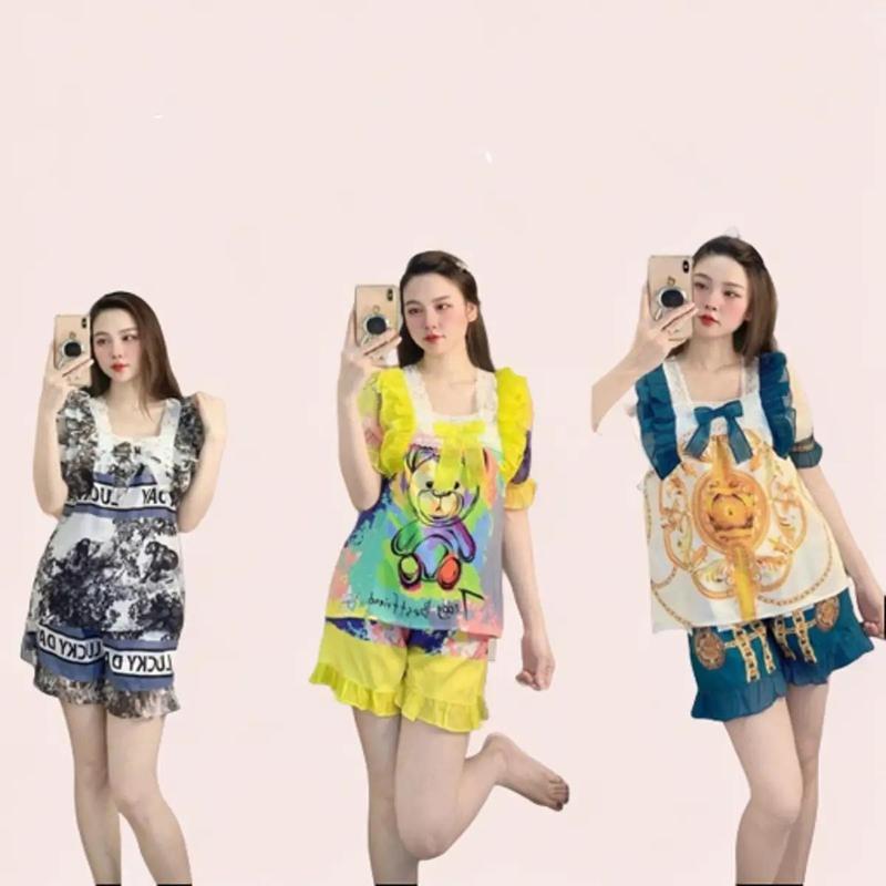 Set Bộ Mặc Nhà, Chất Lụa Xước, Tay Ngắn Quần Ngắn, Có Họa Tiết, Dành Cho Nữ, Có Size Từ 40kg Đến 60Kg Áo Nhung Nho Women Top đồ  ngủ đồ  ngủ đồ  ngủ đồ  ngủ tiểu thư
