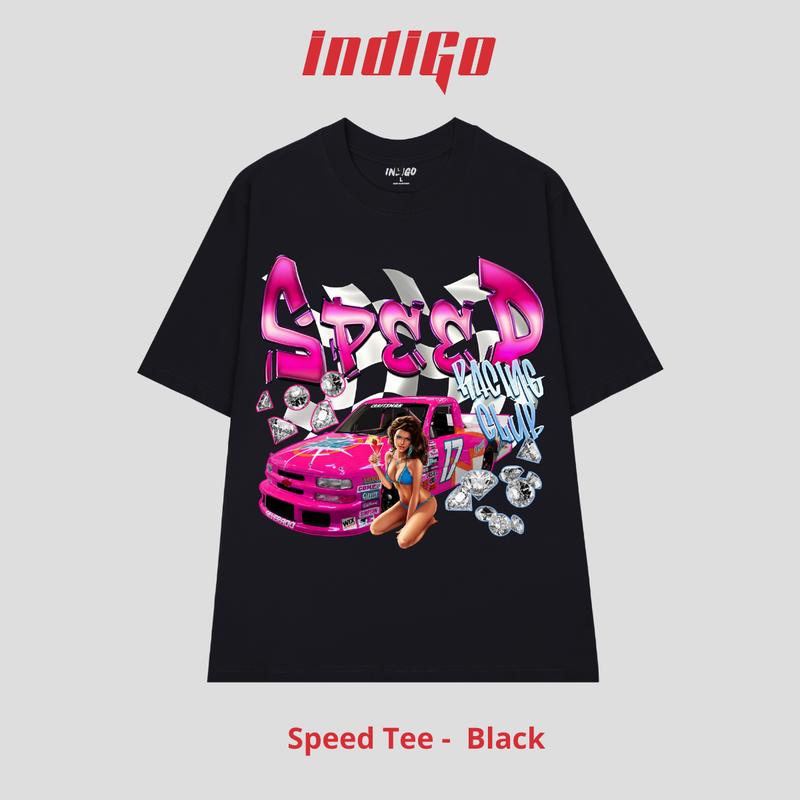 Áo thun unisex nam nữ INDIGO SPEED, áo thun cổ tròn form rộng chất liệu cotton kiểu dáng oversize. TS010 Women Đen Top 2