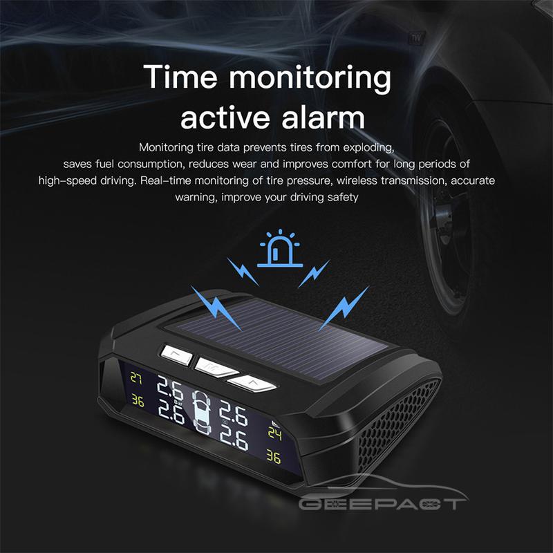 Product Introduction of 【24-hour shipping+free shipping+COD】TPMS Universal Tire Pressure Alarm Monitoring System Car Tire Pressure Monitoring System Solar Panel USB Charging Smart Car with 4 External Sensors Real-time LCD Display 39