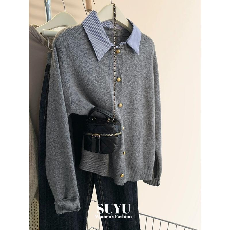 Áo Len Dệt Kim, Phong Cách Cổ Điển Mùa Thu Màu Xám Ghép Nối, Dài Tay, Áo Len Nữ, SS24