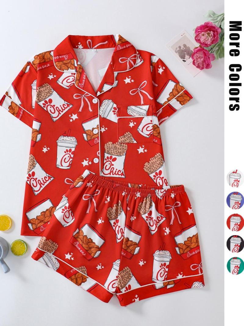Product Introduction of Women's Fried Chicken Print Shirt & Shorts Pyjama Two-piece Set, Casual Comfy Short Sleeve Collared Top & Shorts Pj Set, Ladies Sleepwear for All Seasons, Pyjamas for Women 3